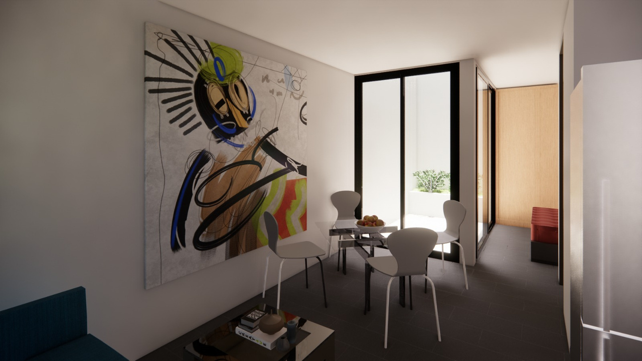 Render de comedor con ventanal y balcón
