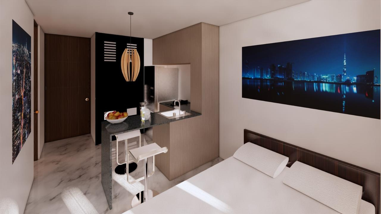 Render interior de apartaestudio con cocina integrada