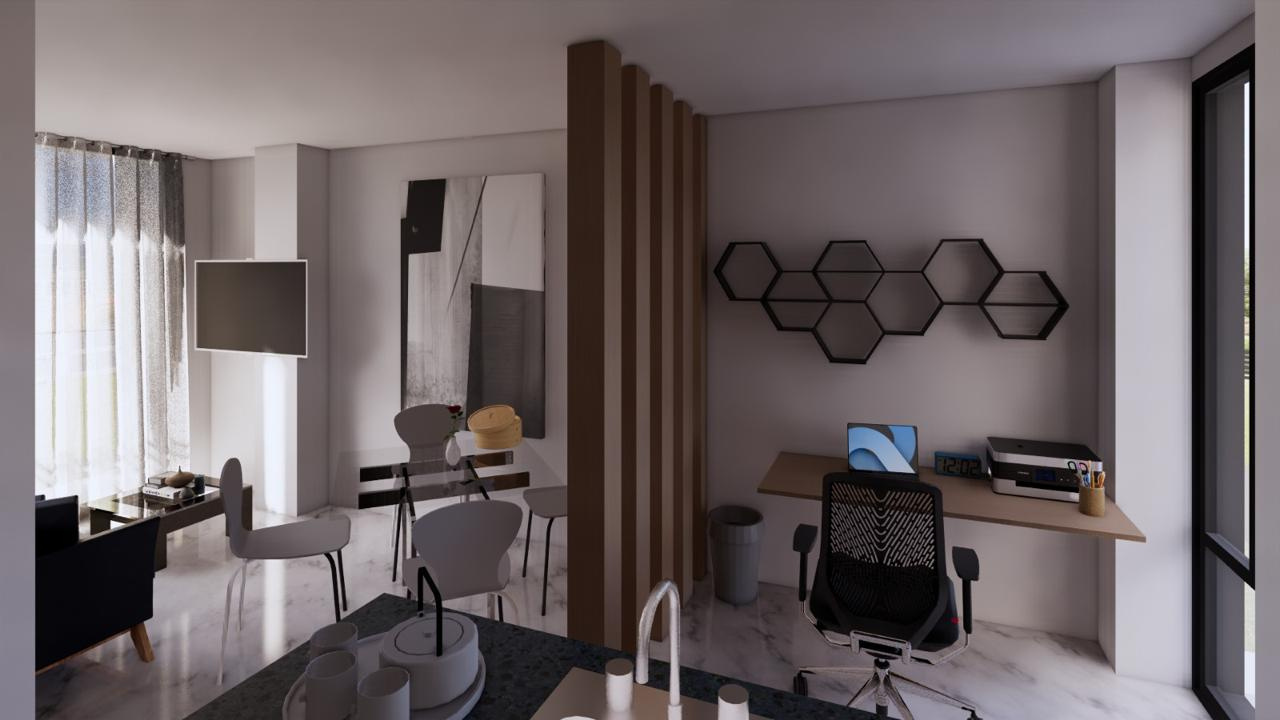 Render de zona de estudio y comedor iluminada