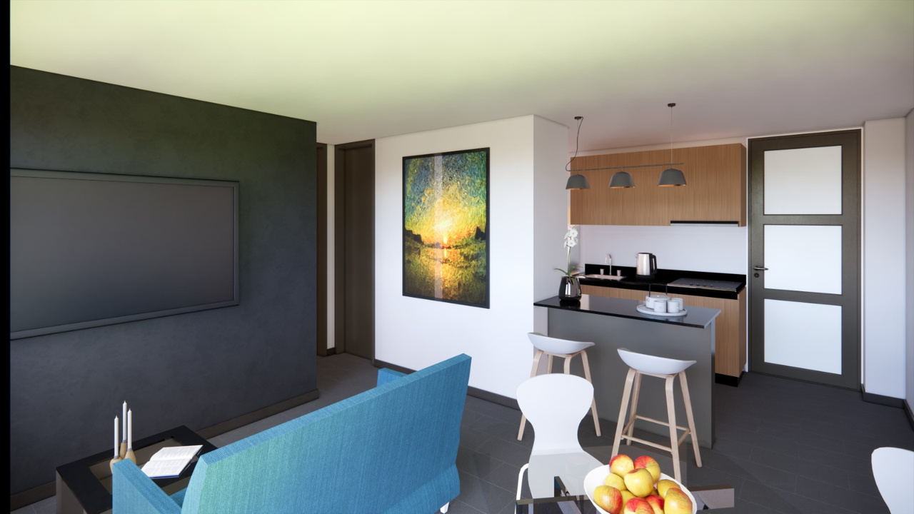 Render de sala comedor con cocina abierta